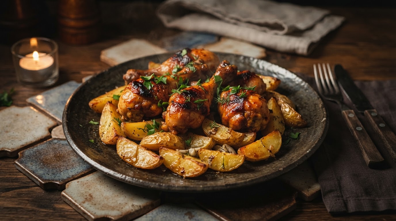 Куриные голени в горчично-медовом маринаде с дольками картофеля