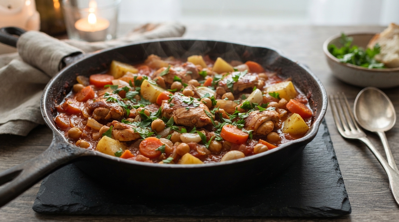 Куриное рагу с овощами и нутом в кастрюле