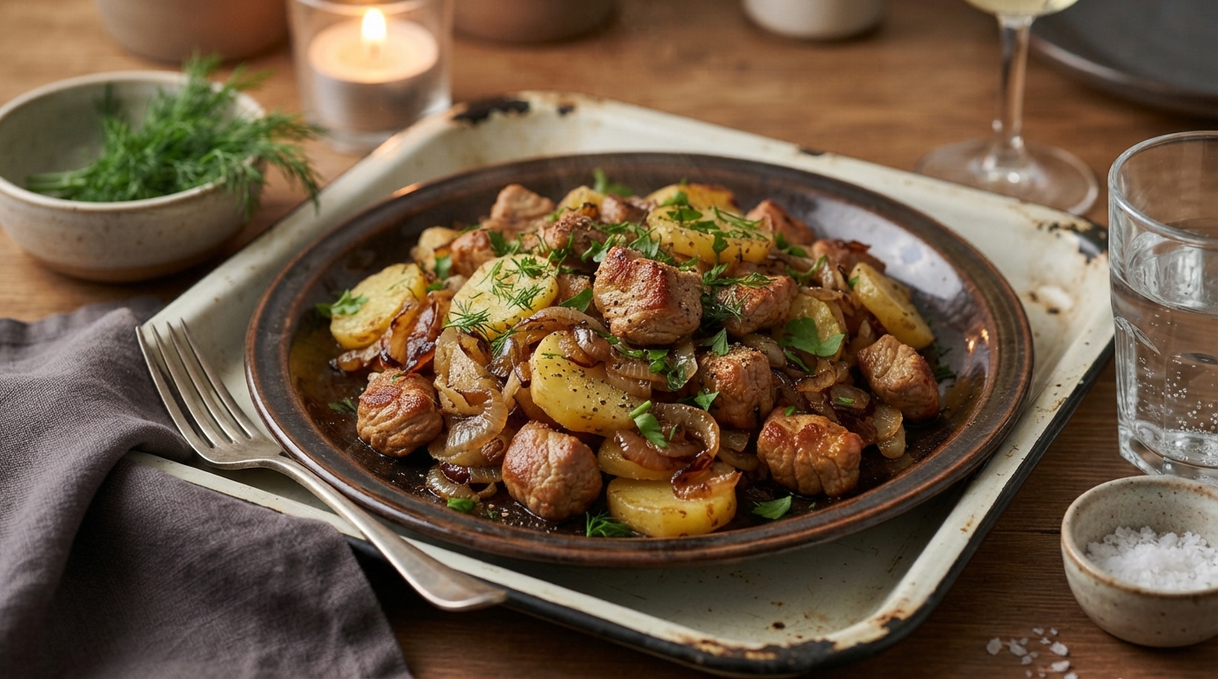 Свинина по-деревенски с картофелем и луком на сковороде