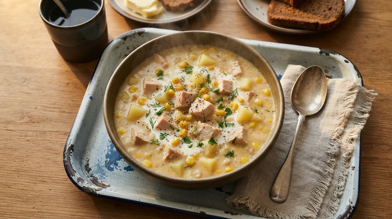 Сливочный суп-пюре с копченой курицей и кукурузой