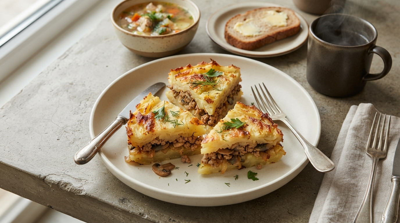 Картофельная запеканка «Сытный хутор» с куриным фаршем и грибами