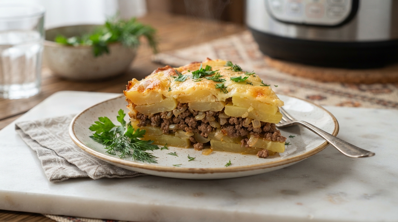 Картофельная запеканка с мясным фаршем и сыром в мультиварке
