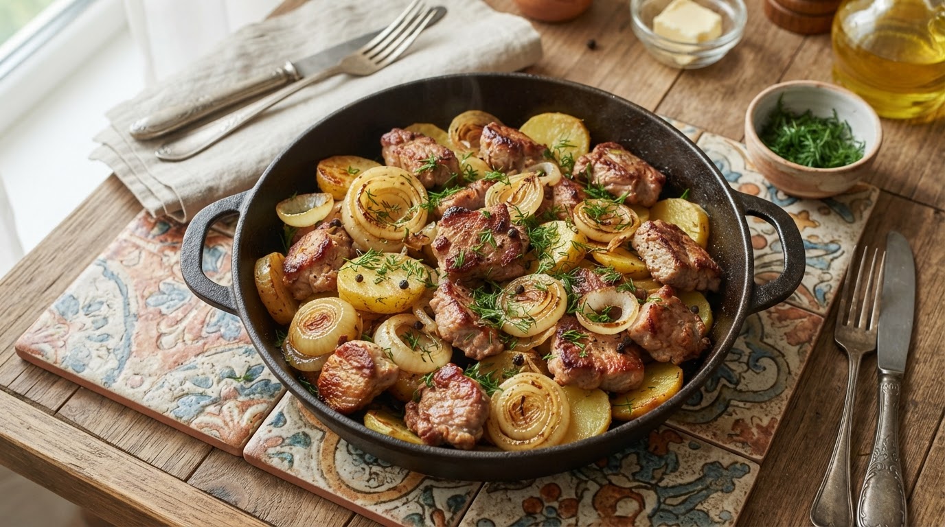 Свинина по-деревенски с картофелем и луком
