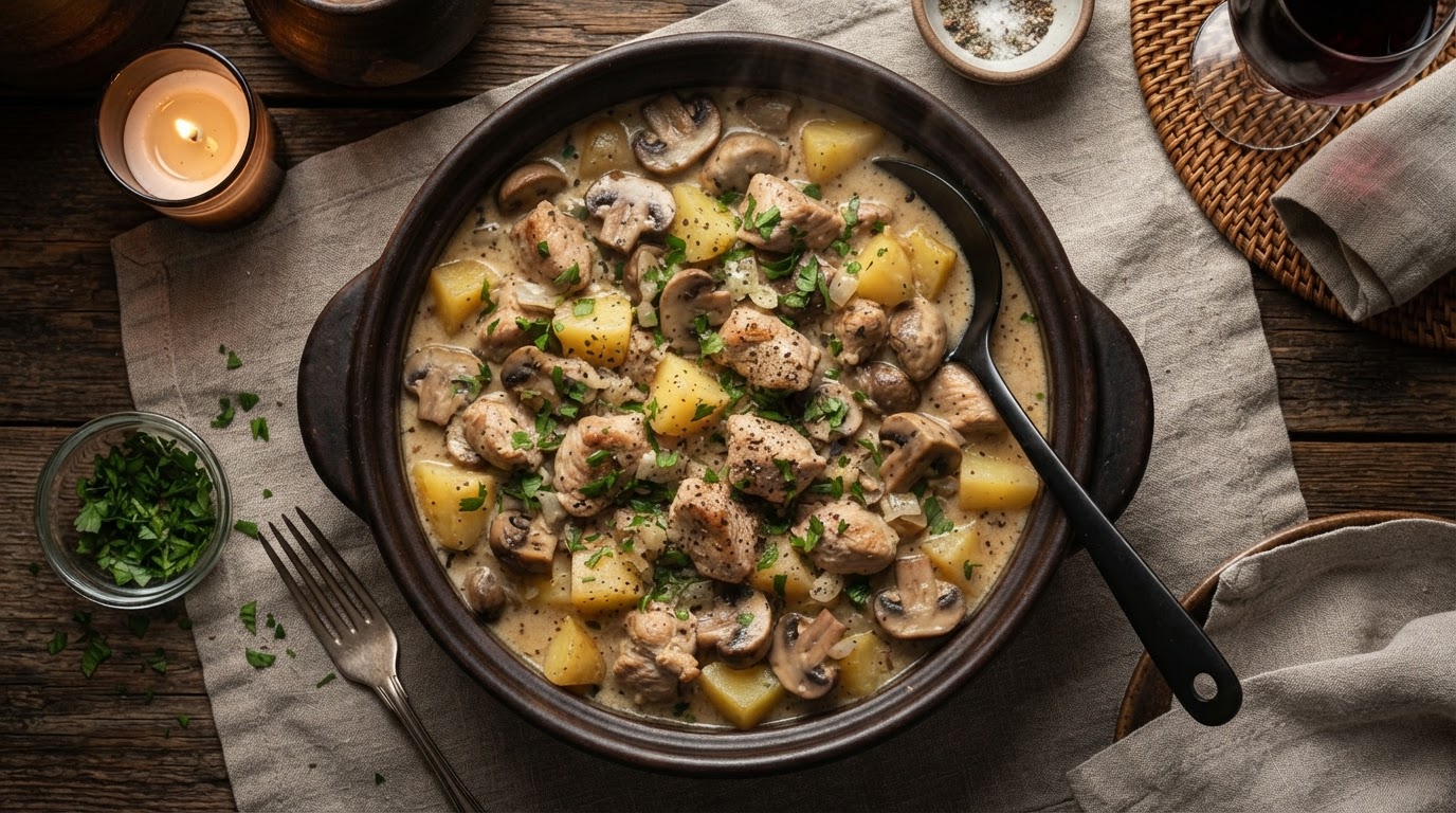 Сливочное рагу из индейки с картофелем и грибами