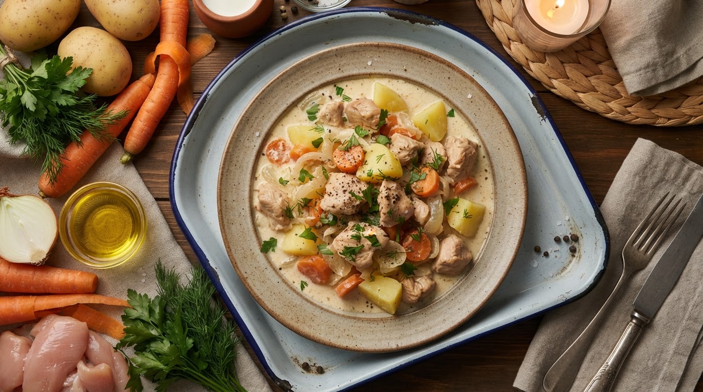Сливочное рагу из куриного филе с картофелем и морковью