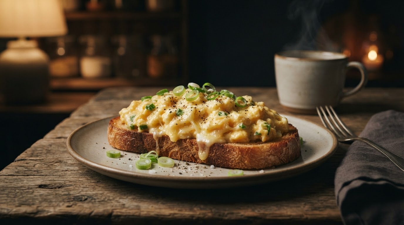 Скрэмбл с сыром и зеленым луком на тосте
