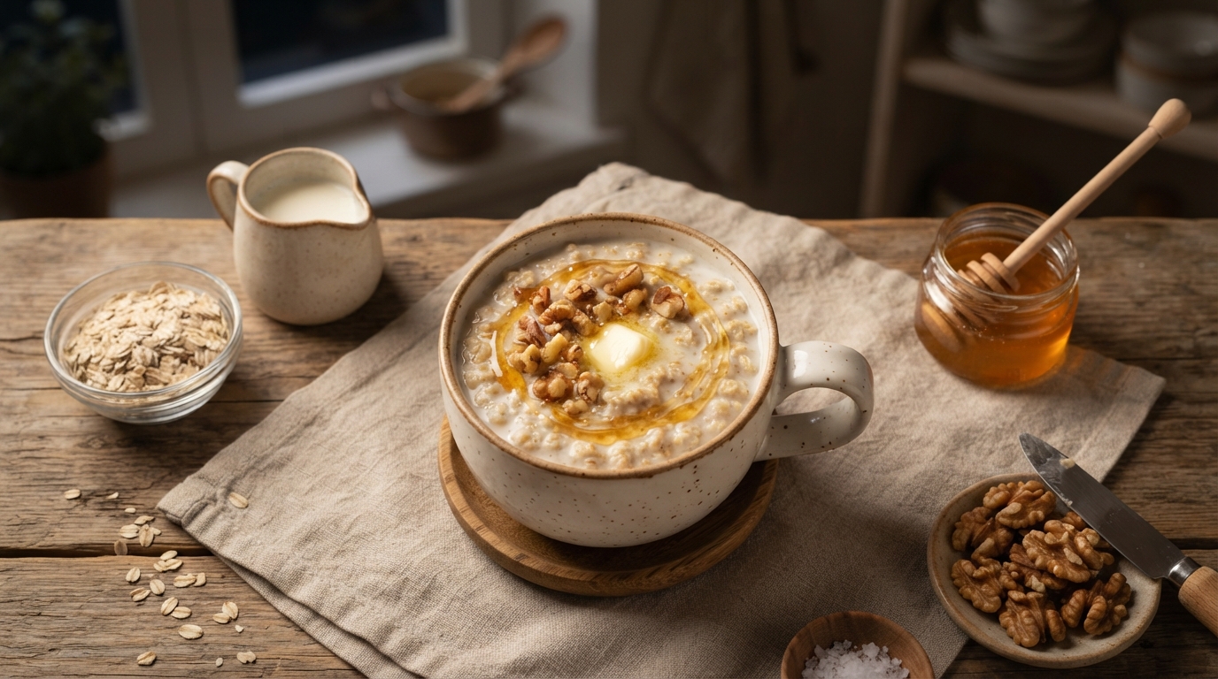 Молочная овсянка с медом и грецким орехом