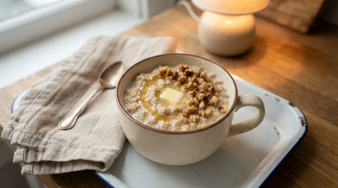 Молочная овсянка с медом и грецким орехом