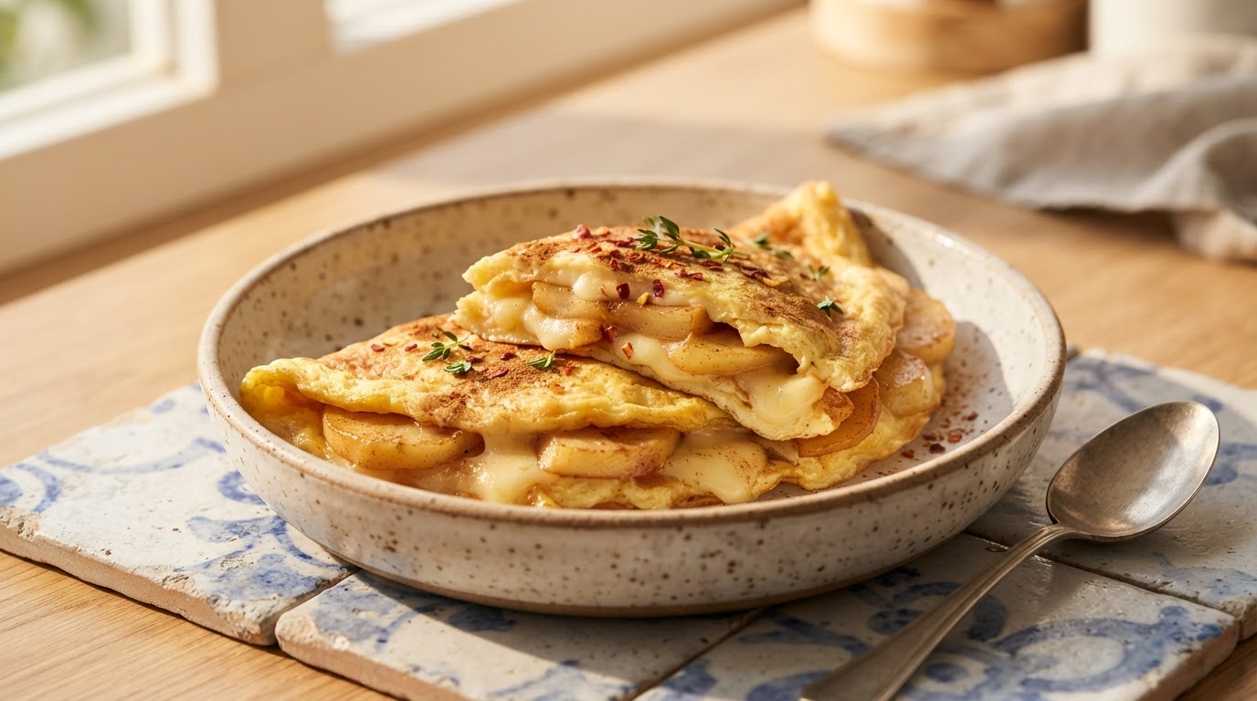 Острый омлет с карамелизованным яблоком и сыром