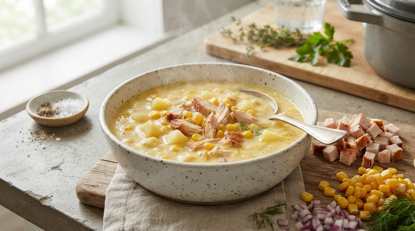 Сливочный суп-пюре из копченой курицы с кукурузой