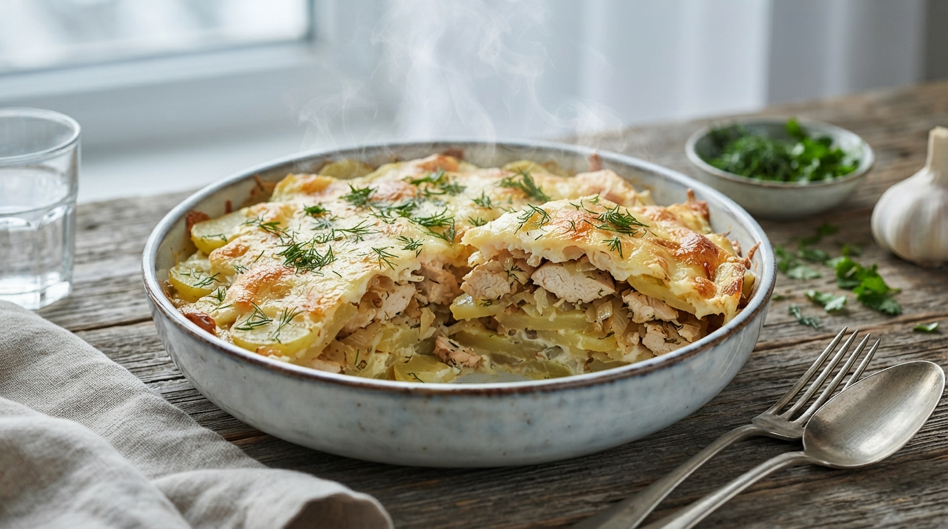 Сытная запеканка «Деревенский уют» с курицей и картофелем