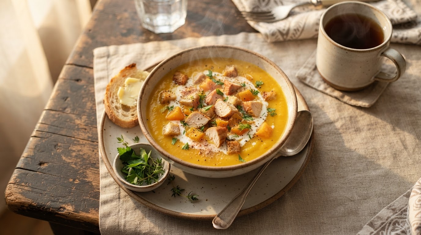 Сливочный суп-пюре из копченой курицы и тыквы