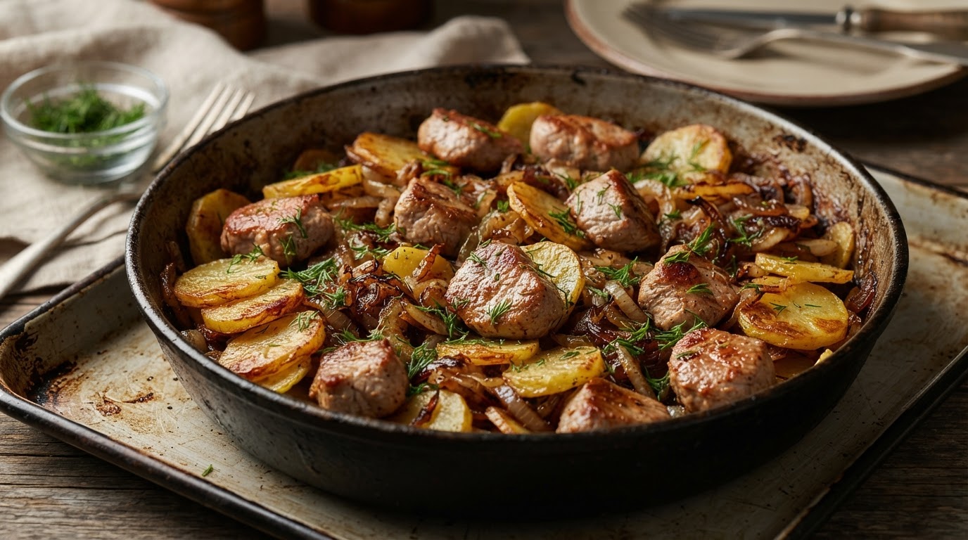 Свинина с карамелизованным луком и картофельными слайсами