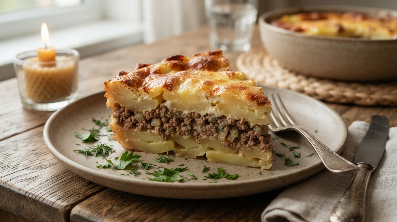 Картофельная запеканка с мясным фаршем и сырной корочкой