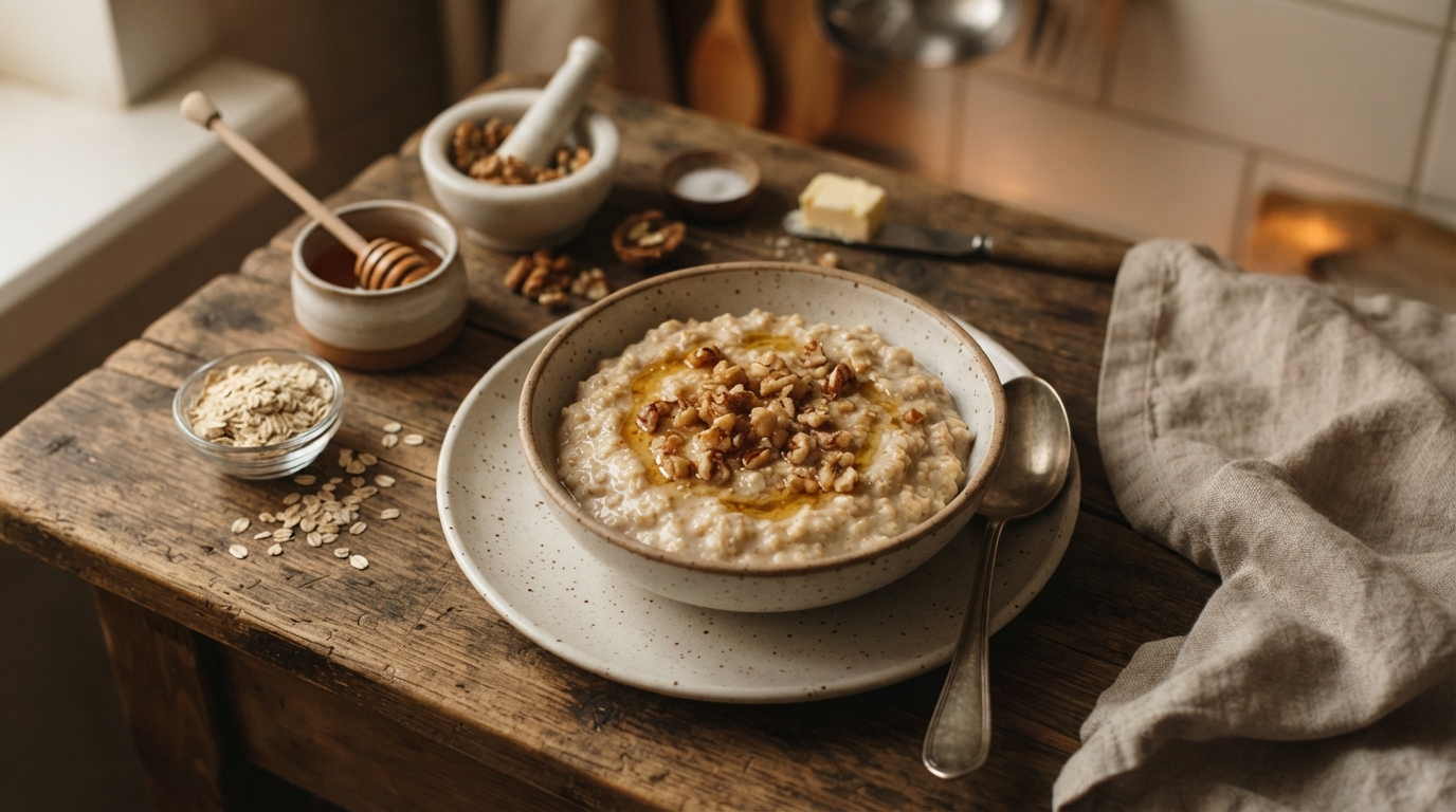 Молочная овсянка с медом и грецким орехом