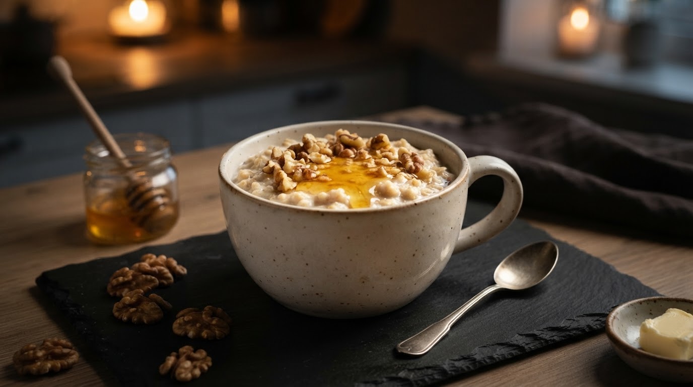 Молочная овсянка с медом и грецким орехом