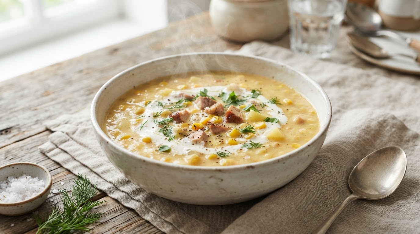 Сливочный суп-пюре с копченой курицей и кукурузой