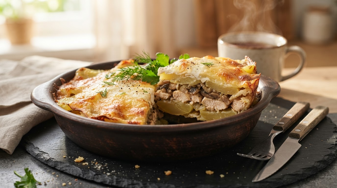 Картофельная запеканка «Сытный хуторок» с курицей и грибами