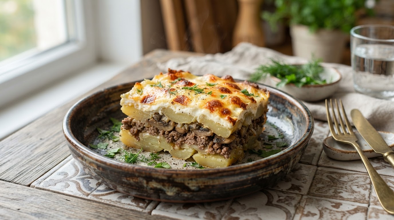 Картофельная запеканка «Деревенское рандеву» с фаршем и грибами