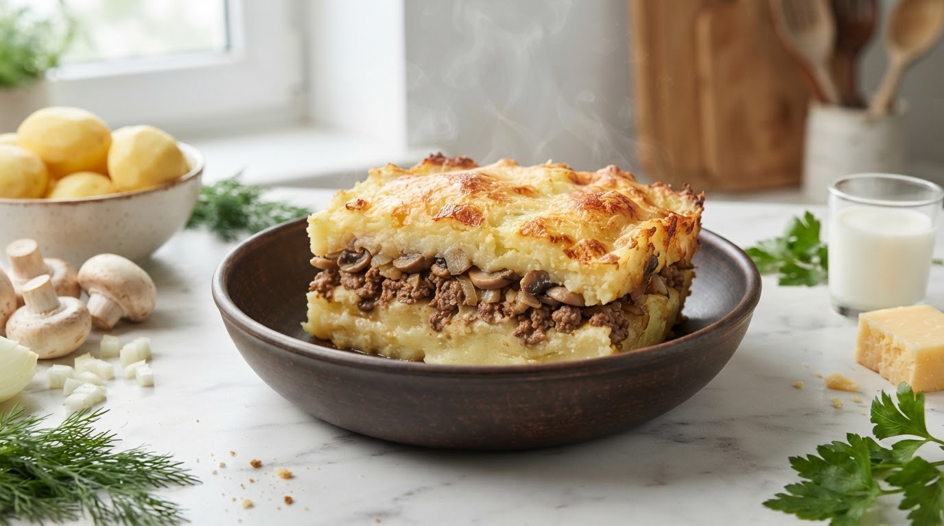 Картофельная запеканка «Деревенское рандеву» с фаршем и грибами