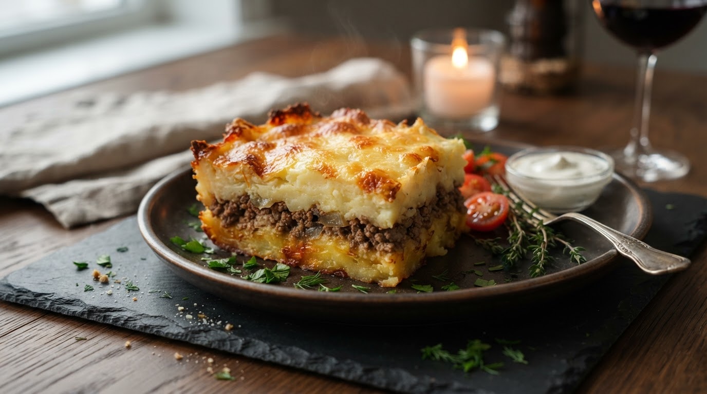 Картофельная запеканка с мясным фаршем и сырной корочкой