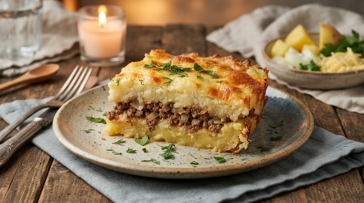 Картофельная запеканка с мясным фаршем и сырной корочкой