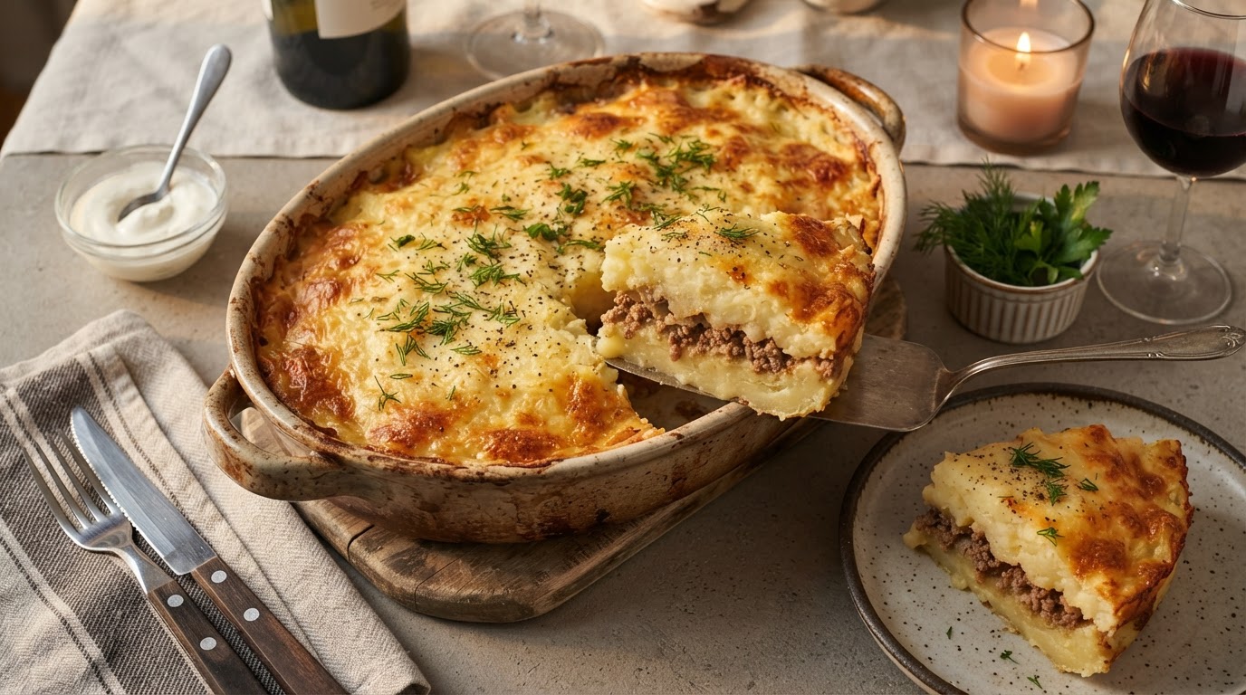 Картофельная запеканка с мясным фаршем и сырной корочкой