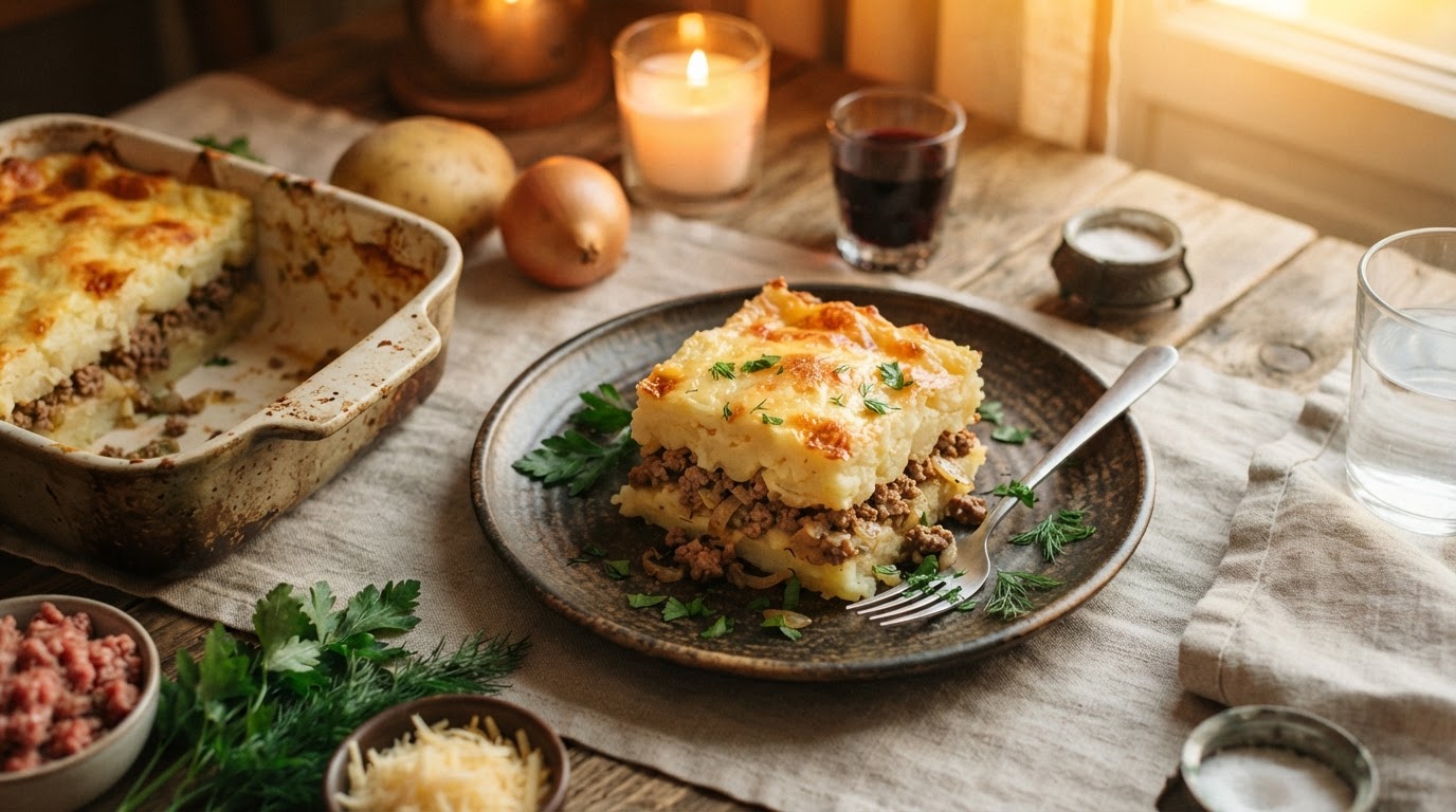 Картофельная запеканка с мясным фаршем и сырной корочкой