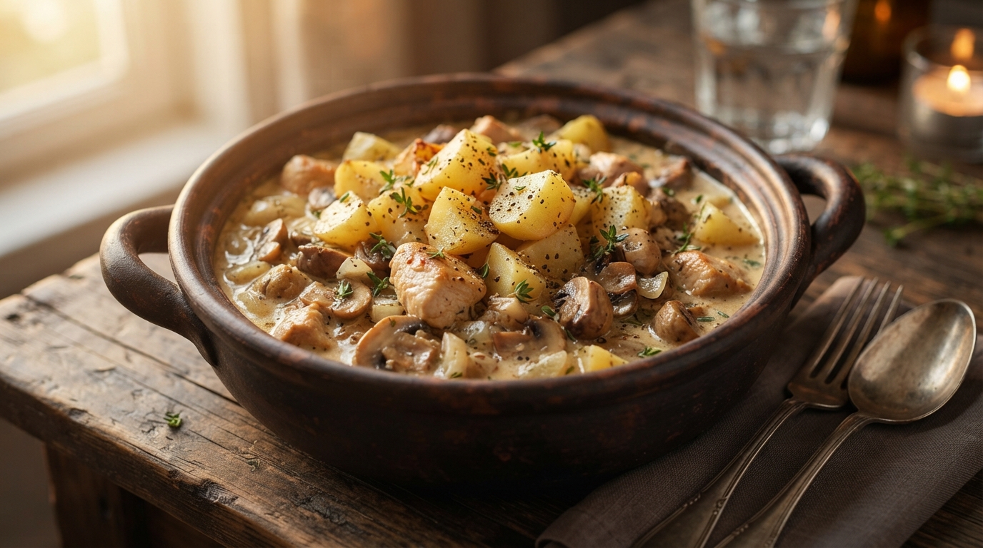 Сливочное рагу из индейки с картофелем и грибами