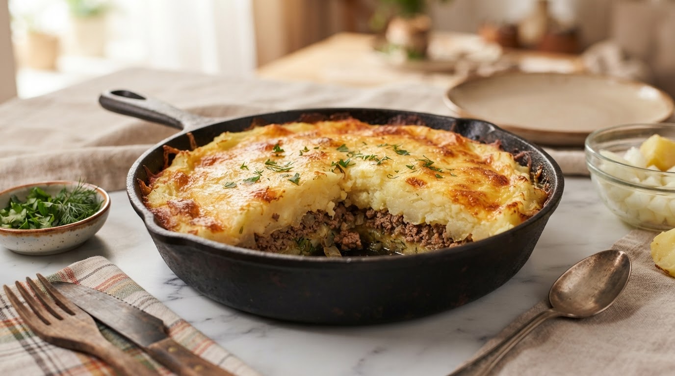 Картофельная запеканка с мясным фаршем и сырной корочкой