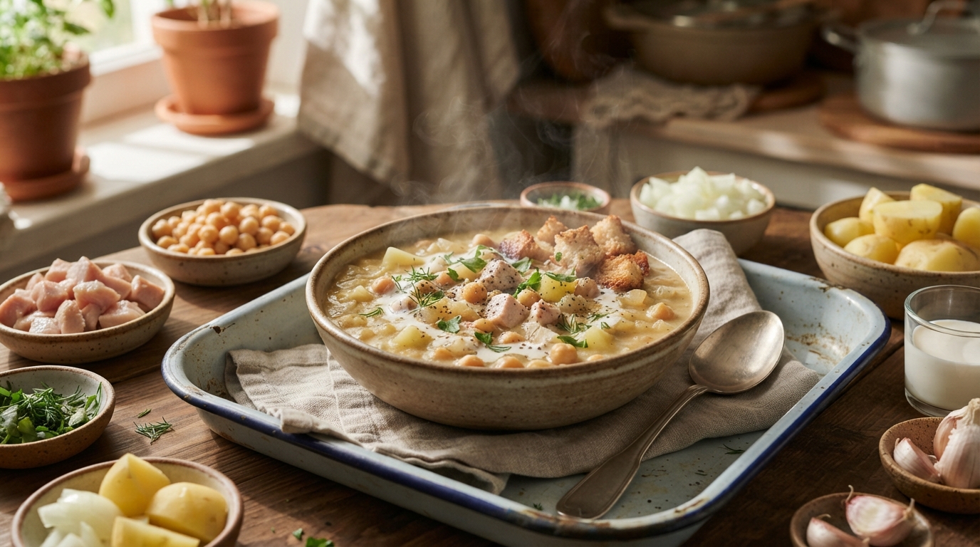 Сливочный суп-пюре из копченой курицы и нута