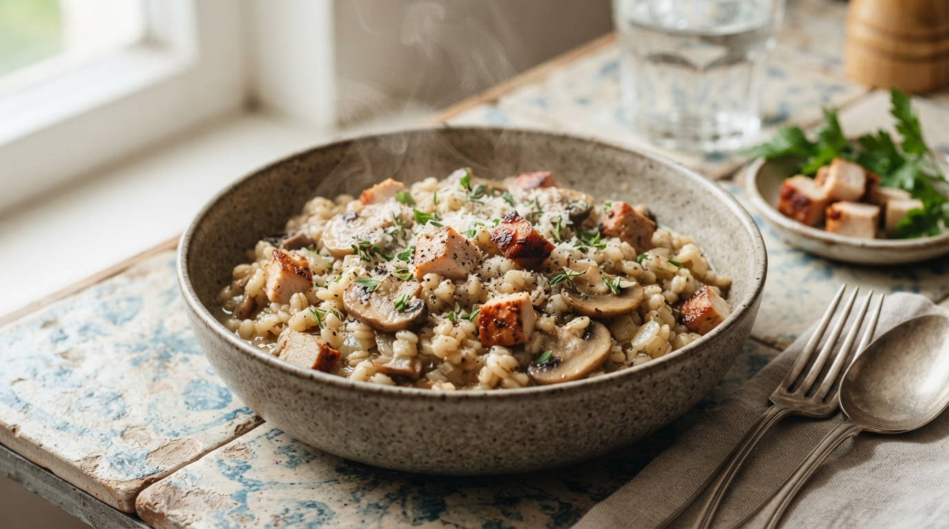 Ризотто из перловки с копченой курицей и грибами