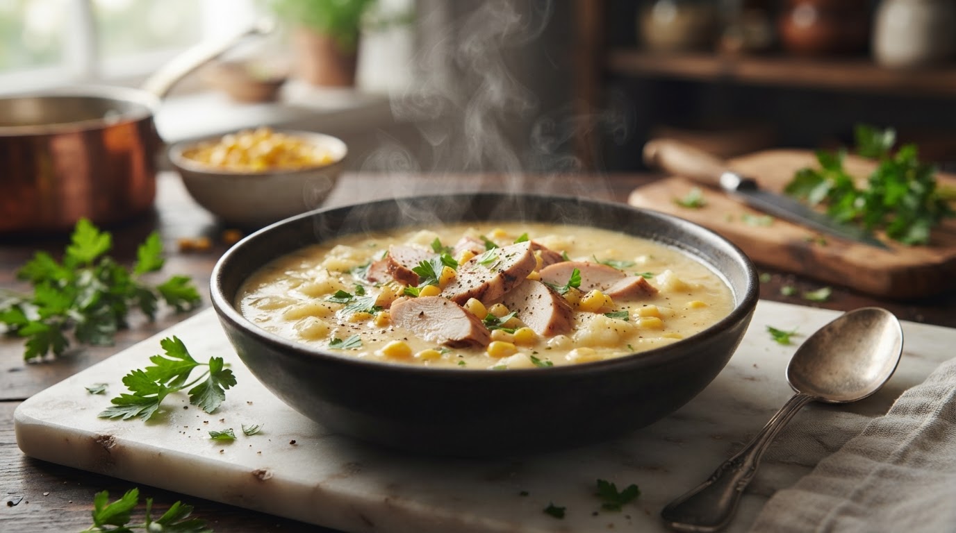 Сливочный суп-пюре с копченой курицей и кукурузой