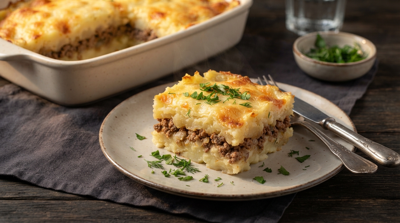 Картофельная запеканка с мясным фаршем и сырной корочкой