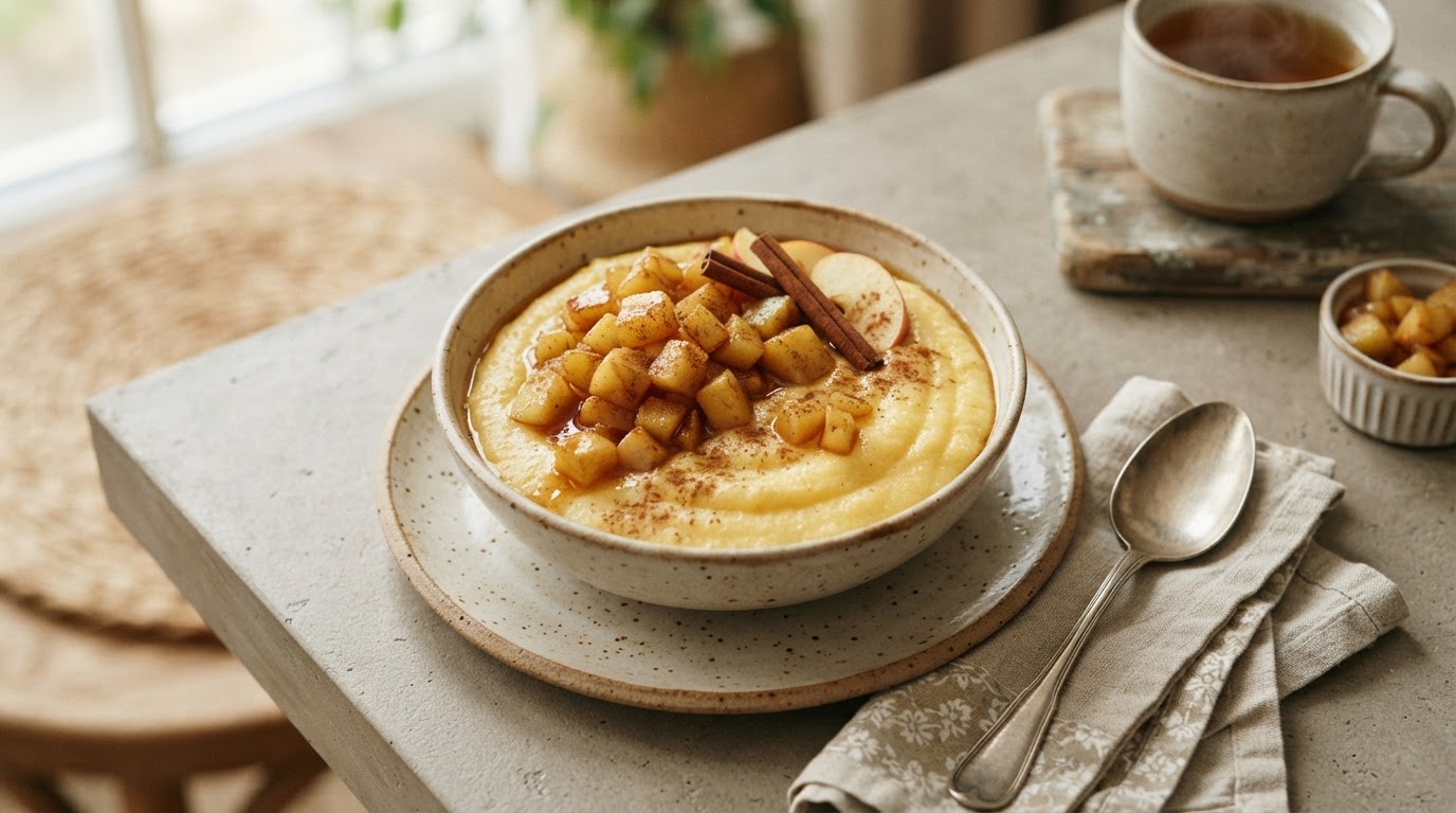Пряная полента с карамелизованным яблоком и корицей