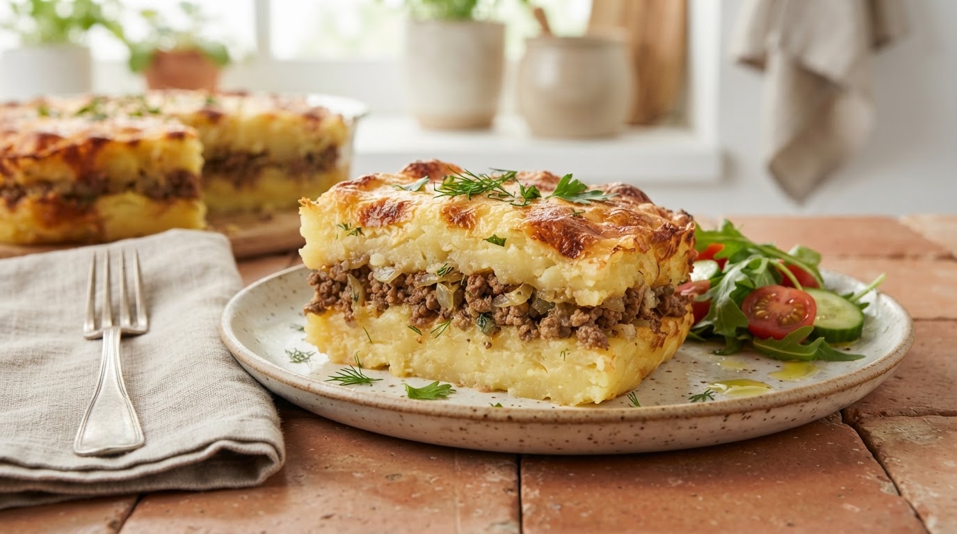 Картофельная запеканка «Деревенская башня» с мясным фаршем и сырной корочкой