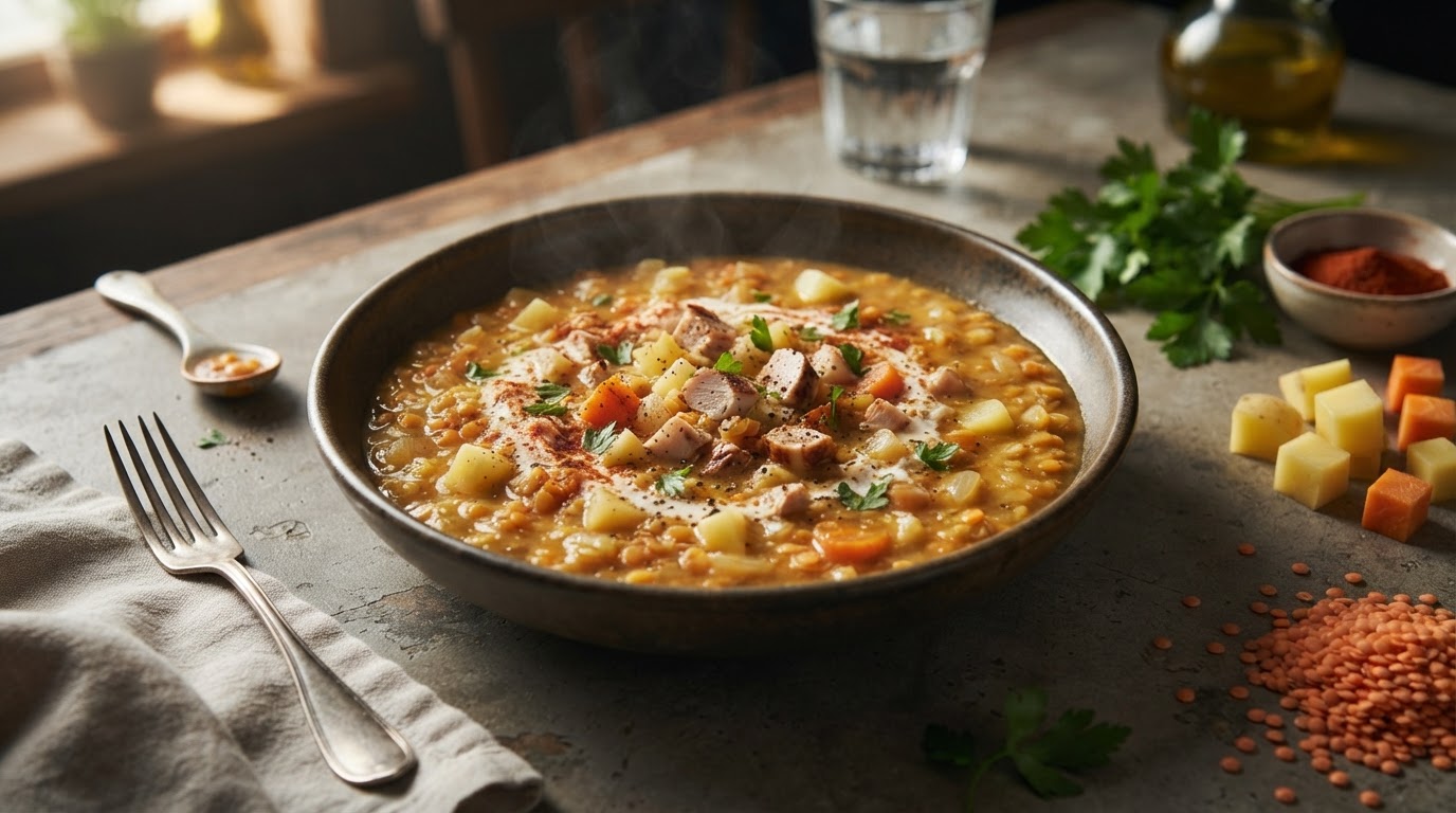Сливочный суп-пюре из копченой курицы и чечевицы