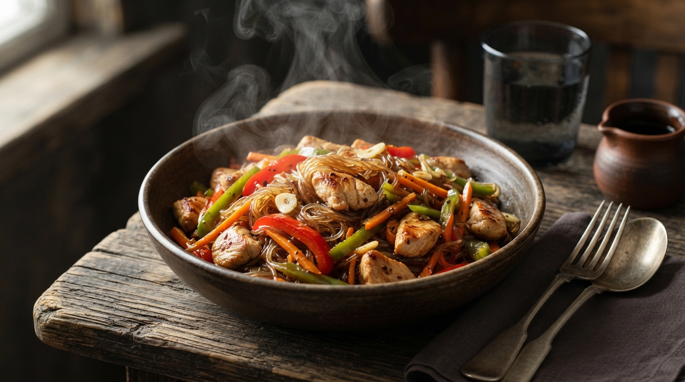 Стир-фрай по-деревенски с курицей и фунчозой