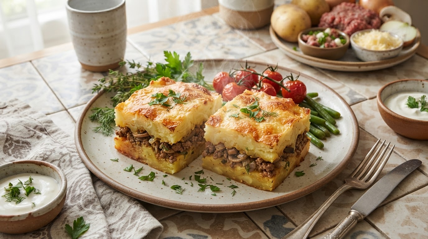 Картофельная запеканка «Мясной колодец» с грибами и сыром
