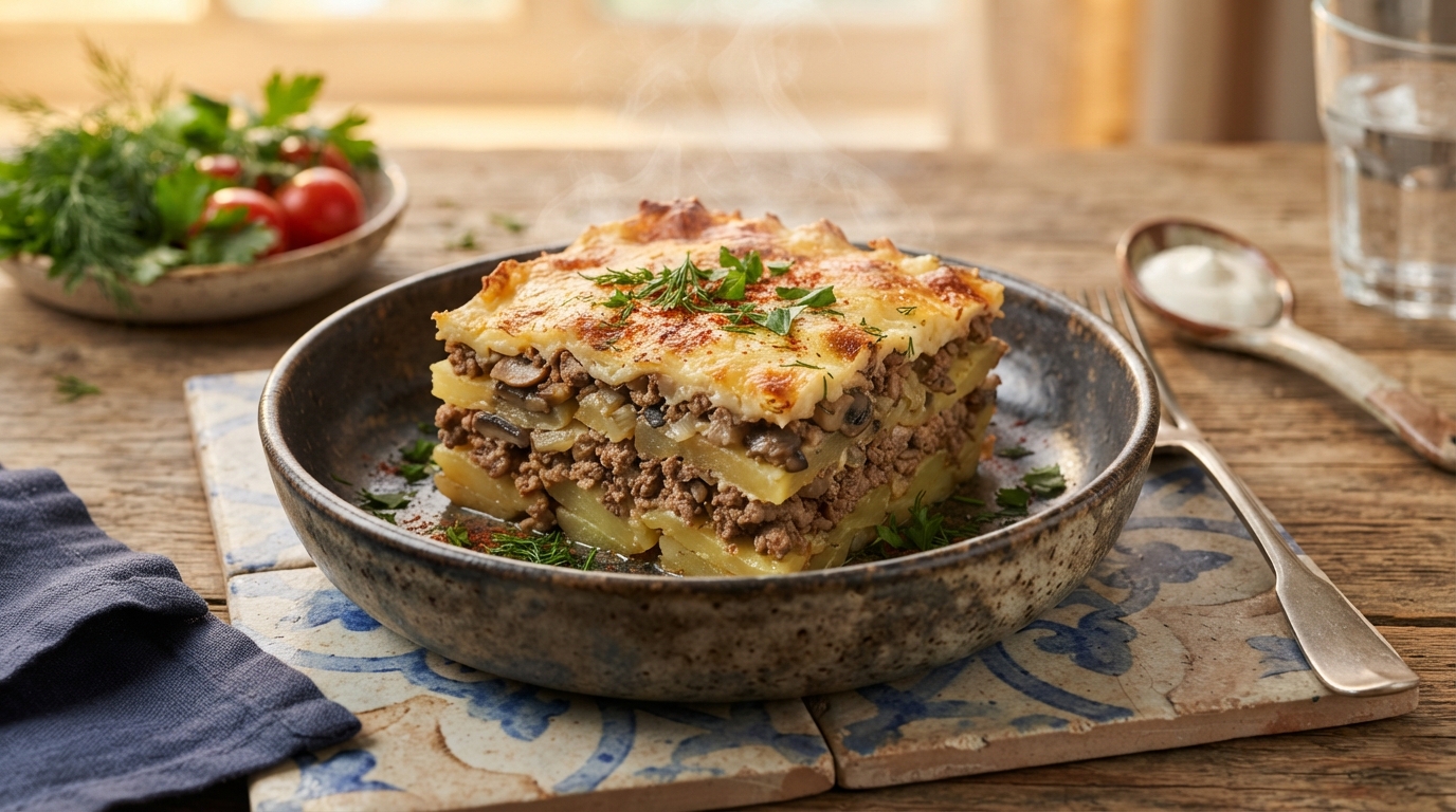 Картофельная запеканка «Сытный хуторок» с фаршем и грибами