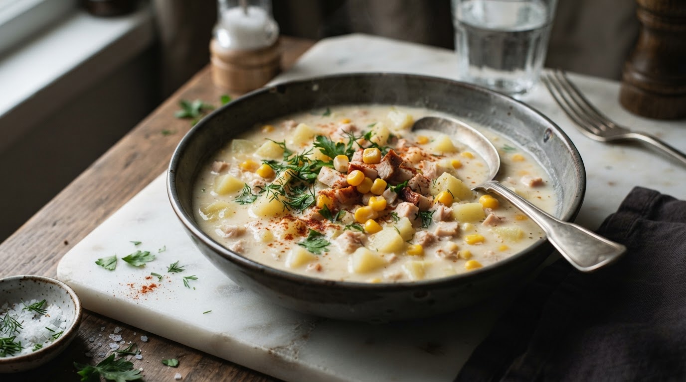 Сливочный суп-пюре из копченой курицы с кукурузой