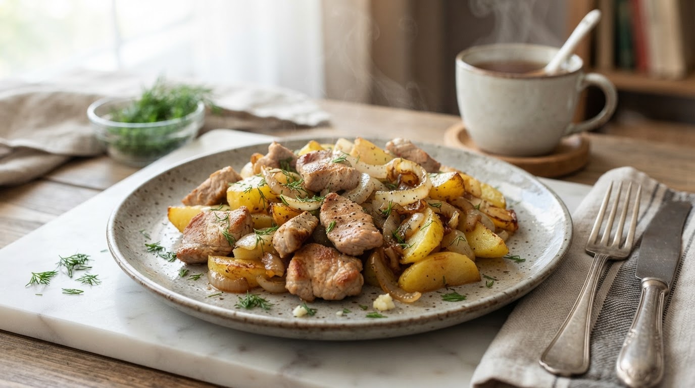 Свинина по-деревенски с картофелем и луком