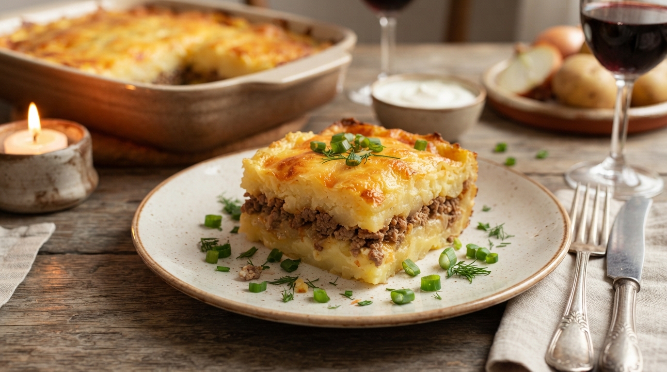 Картофельная запеканка с мясным фаршем и сырной корочкой