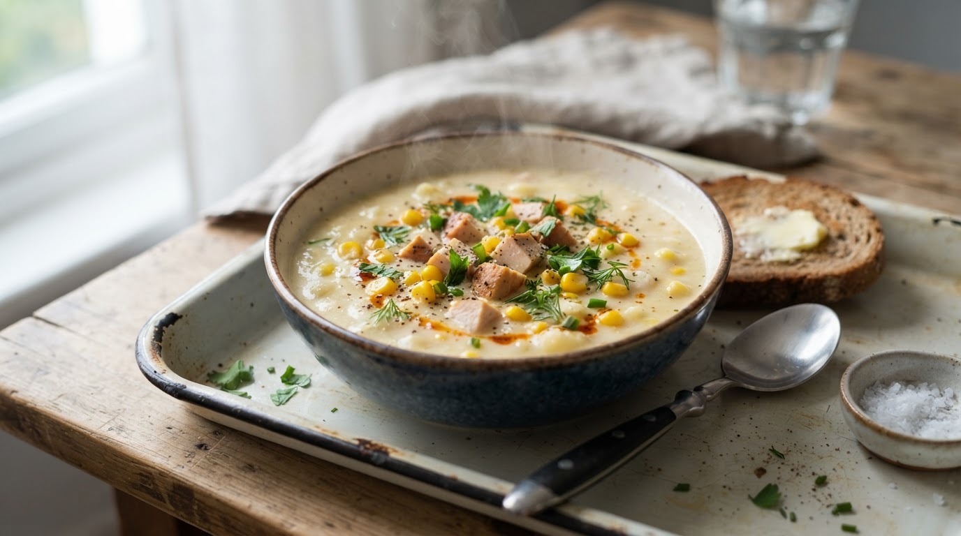Сливочный суп-пюре с копченой курицей и кукурузой