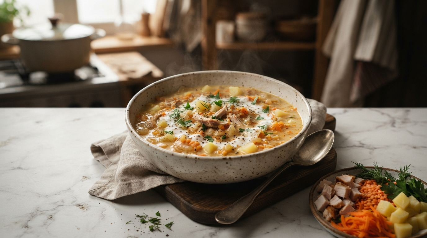 Сливочный суп-пюре из копченой курицы и чечевицы