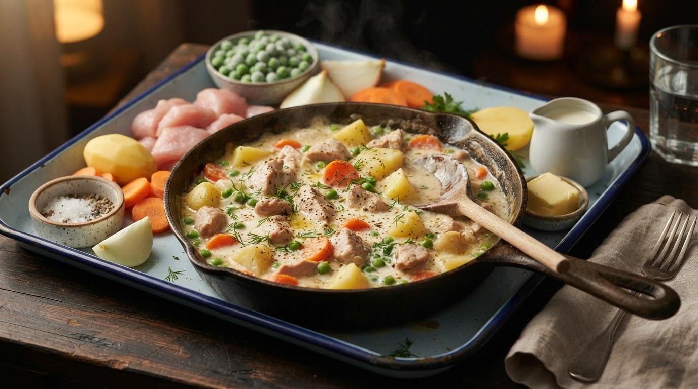 Сливочное рагу из индейки с картофелем и зеленым горошком