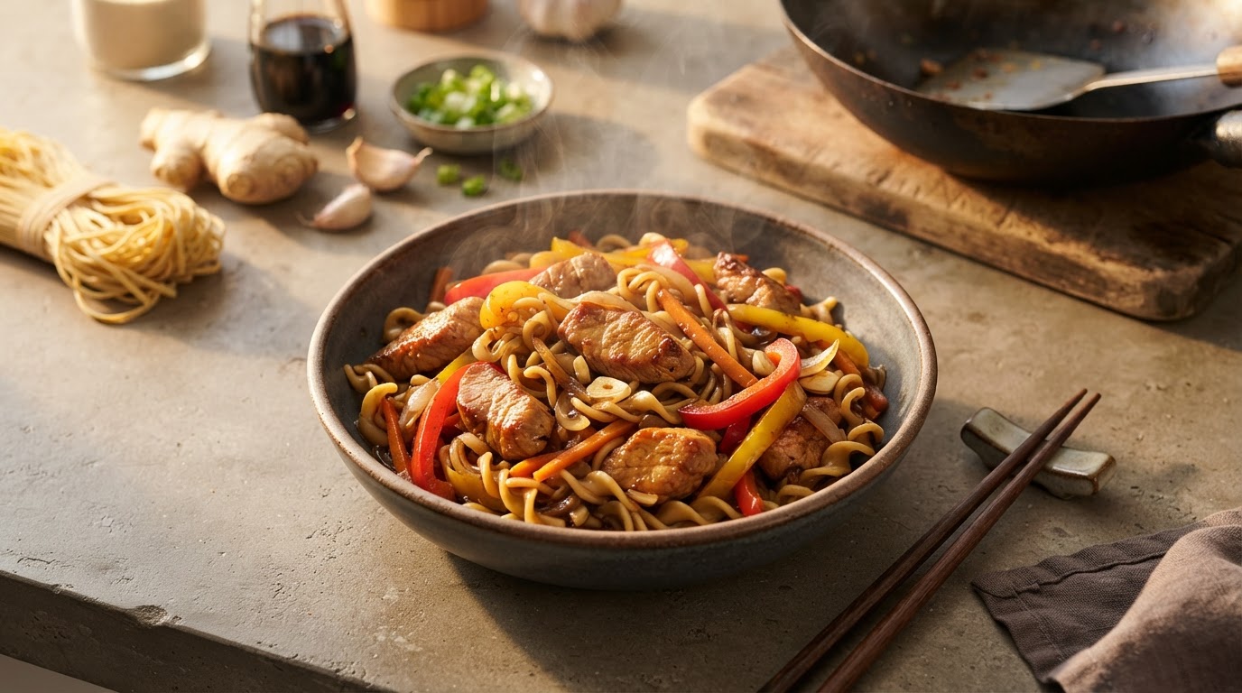Стир-фрай из свинины с яичной лапшой и овощами