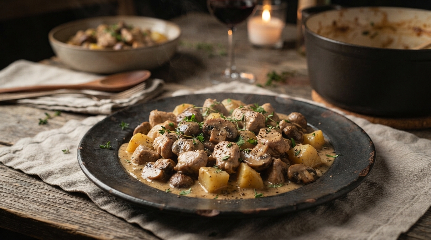 Сливочное рагу из индейки с картофелем и грибами