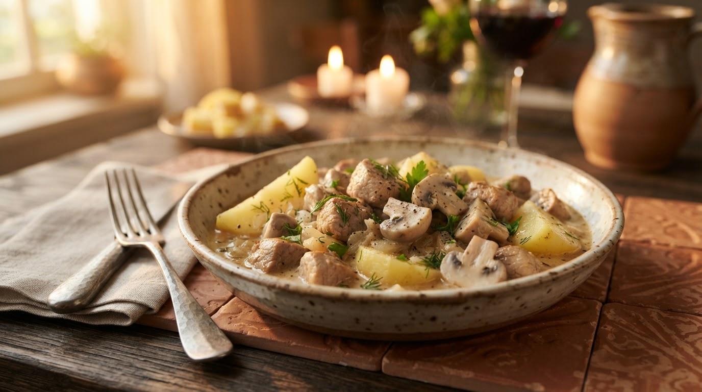 Сливочное рагу из индейки с картофелем и грибами