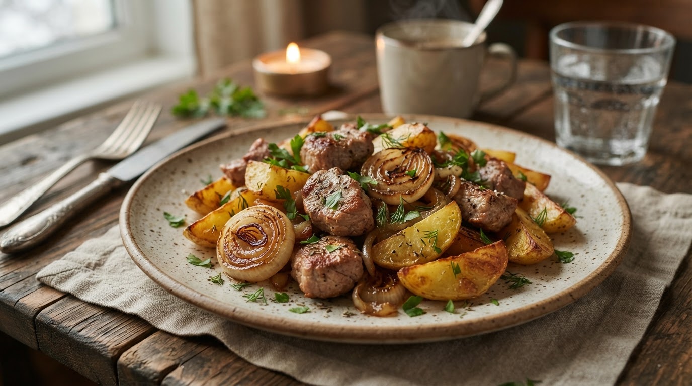 Свинина по-деревенски с карамелизованным луком и картофелем